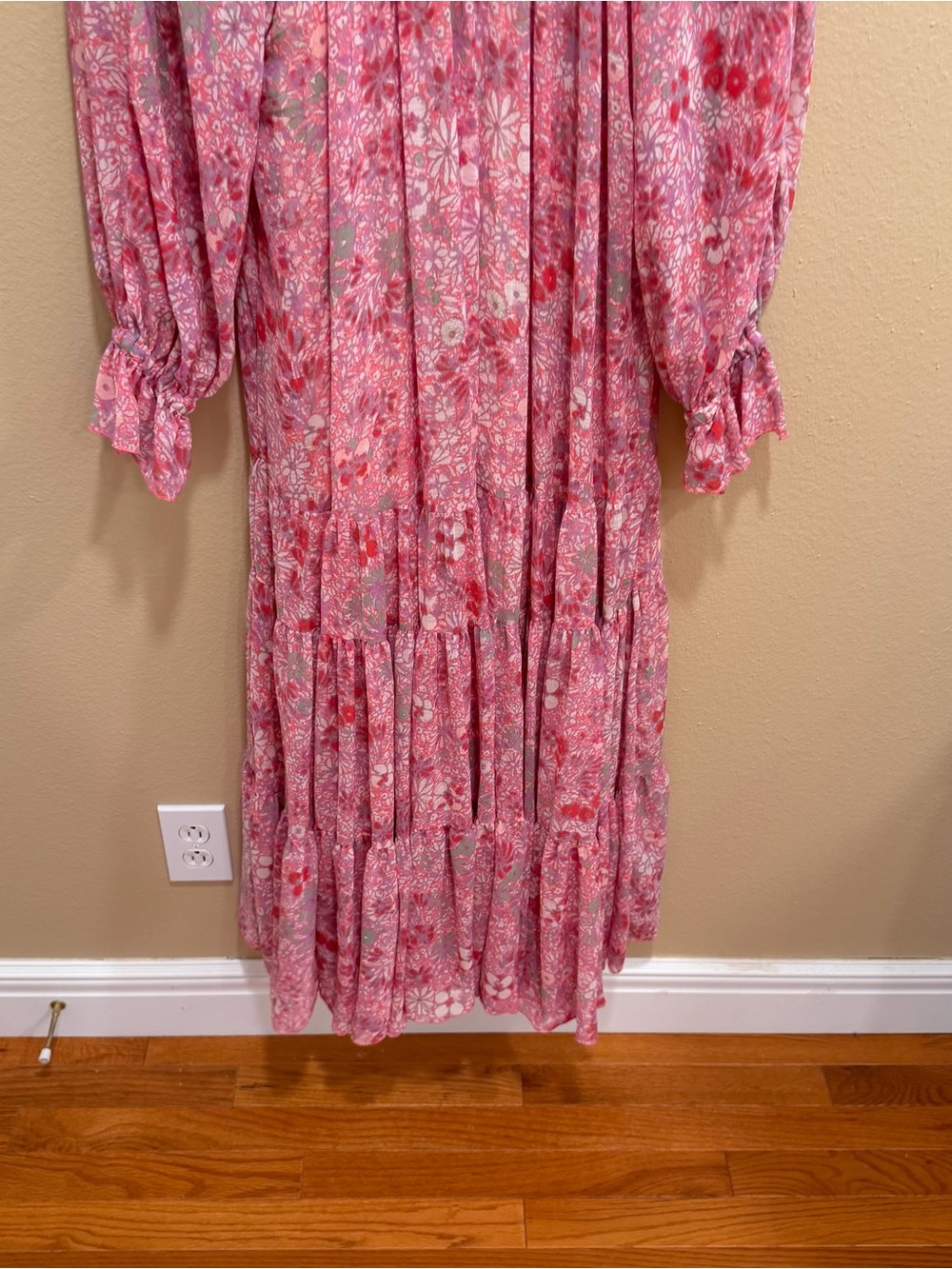 Free People Feelin Groovy Long Sleeve Pink Floral Tiered Maxi Dress Large - Picture 6 of 13